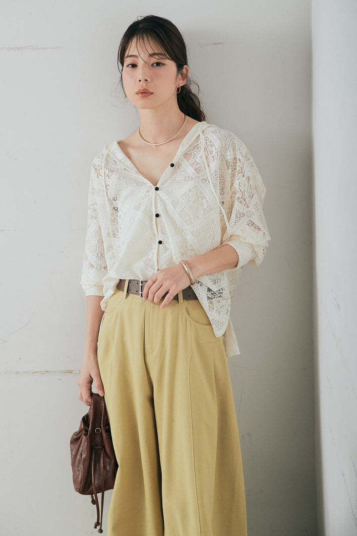 [SET]ブロックレースフード付きブラウス+ベルト付きサイドタックワイドパンツ(2set)
