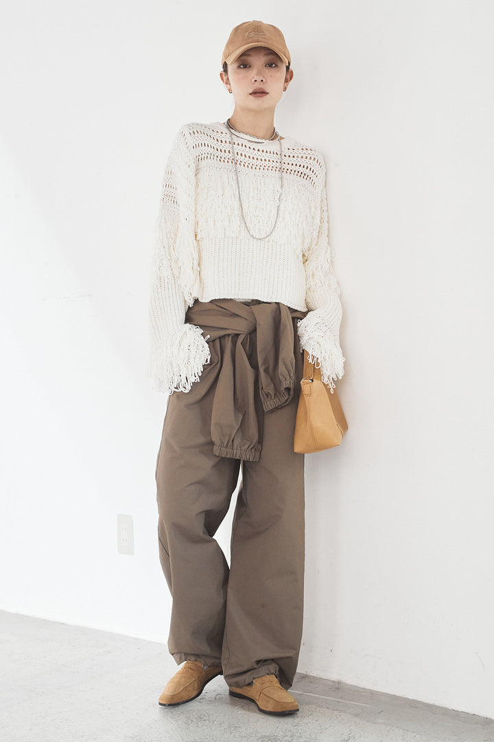 [SET]メッシュフリンジ切り替えプルオーバー+合繊ツイルスタンドウエスト巻きジョガーパンツ(2set)