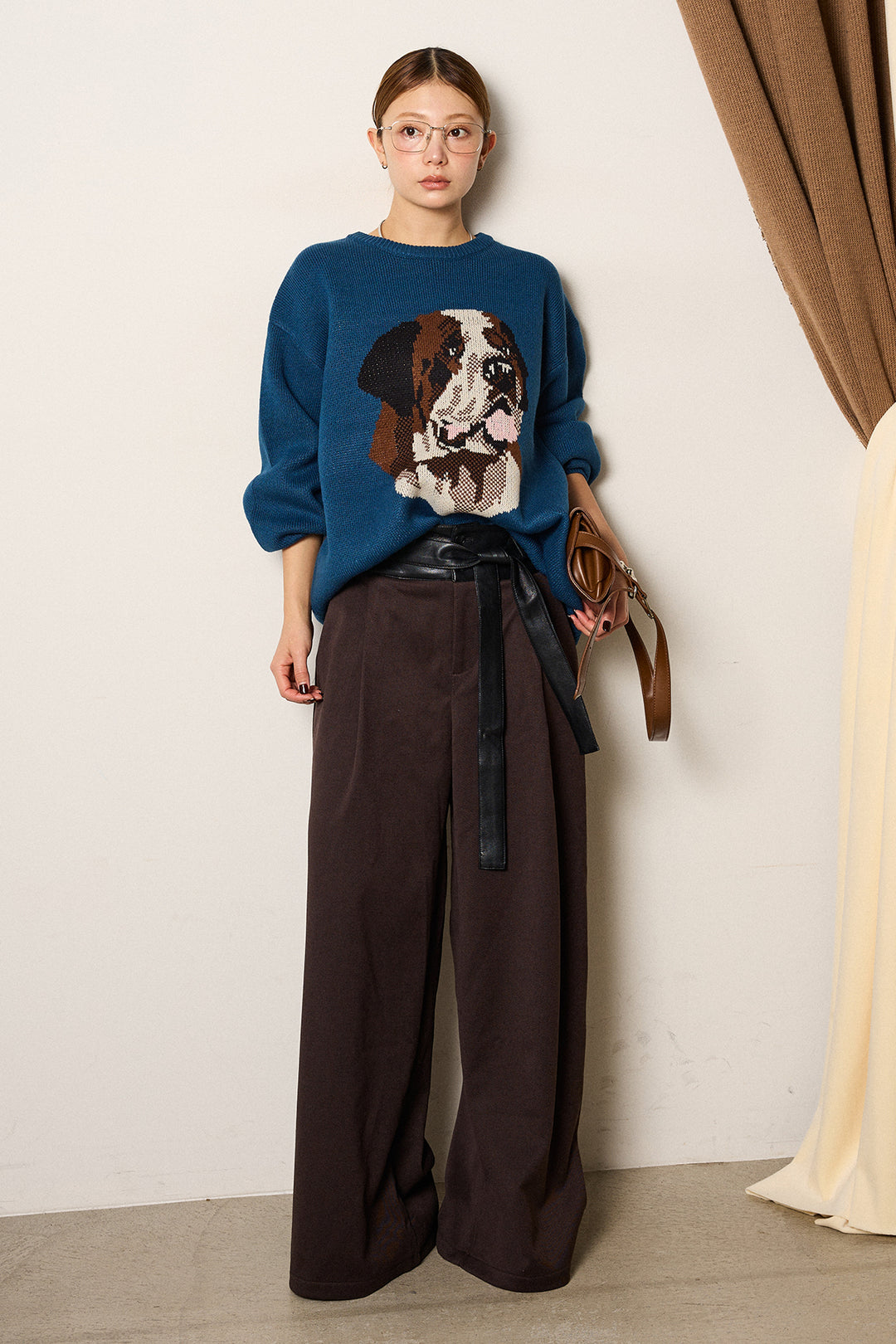 [SET]アニマルジャガード柄ニットトップス+巻ベルトウエストレザーライクワイドパンツ(2set)