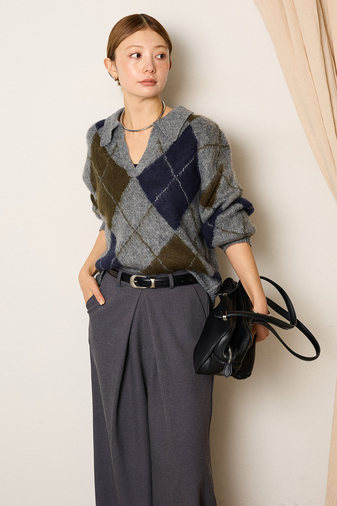 [SET]アクリルモヘアアーガイルキーネックプルオーバー+フロントワイドタックネップ入ワイドパンツ(2set)