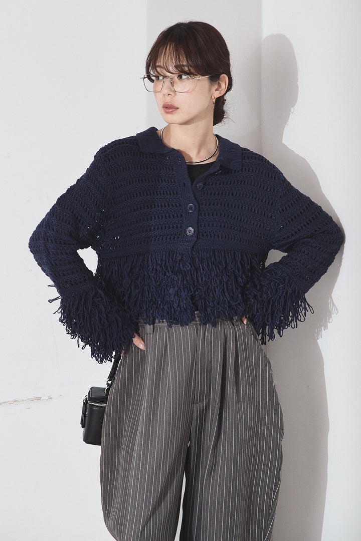 [SET]メッシュフリンジカーディガン+ヘリンボーンストライプツータックパンツ(2set)
