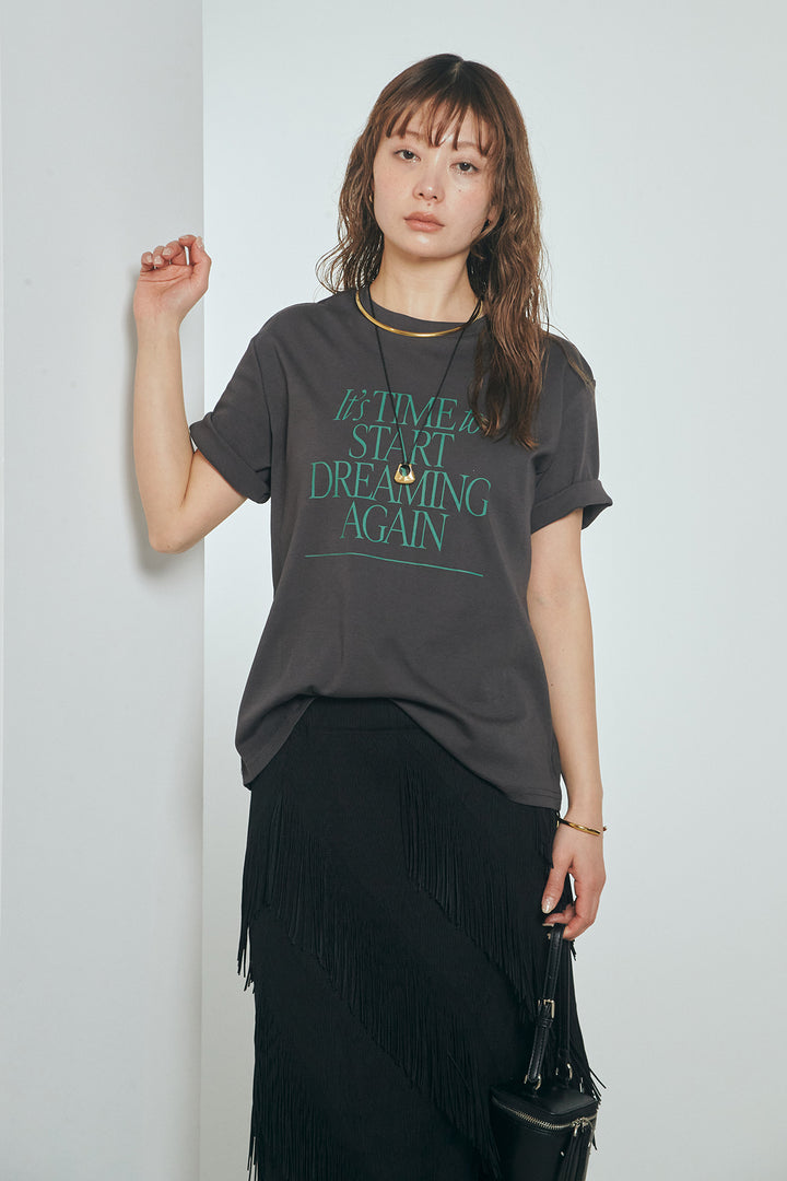 [SET]半袖TIMEロゴカットソー+斜めフリンジデザインスカート(2set)