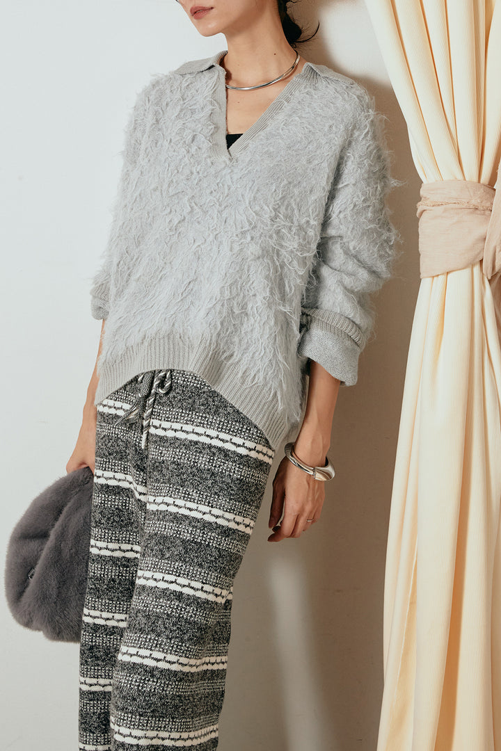 [SET]襟付きシャギーニットポロトップス+マルチライン柄リラックスニットパンツ(2set)