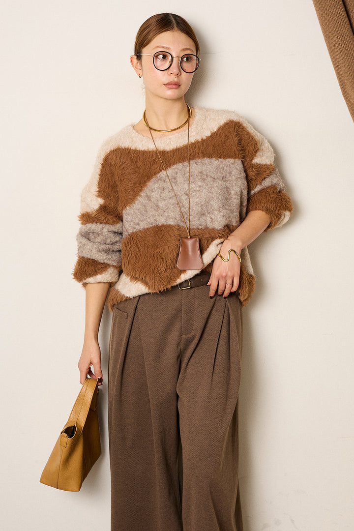 [SET]シャギーウェーブ柄クルーネックニットトップス+細ベルト付き起毛タックワイドパンツ(2set)
