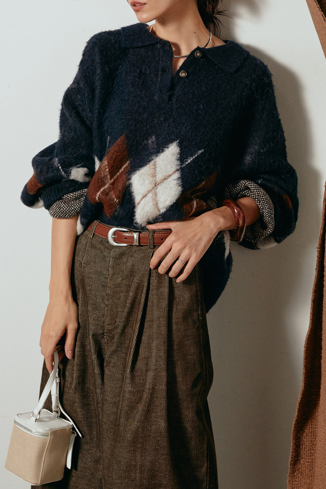 [SET]アーガイル柄ポロニットトップス+フロントタック入りコーデュロイパンツ(2set)