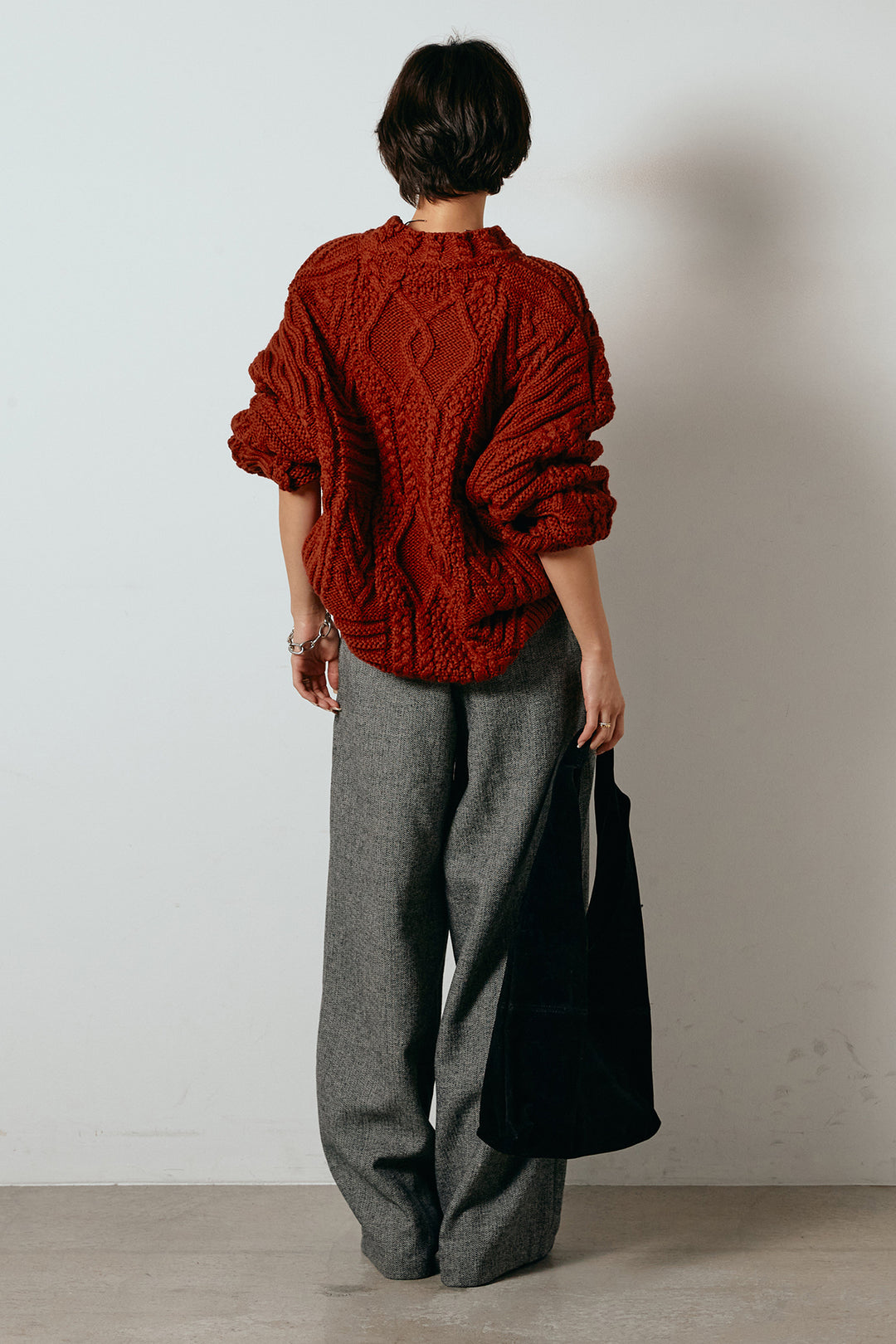 [SET]アラン柄ミックスケーブルニット+サイドボタンツイードタックパンツ(2set)