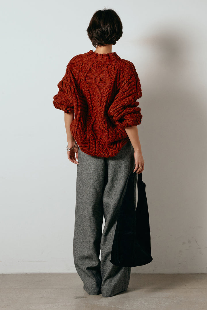 [SET]アラン柄ミックスケーブルニット+サイドボタンツイードタックパンツ(2set)