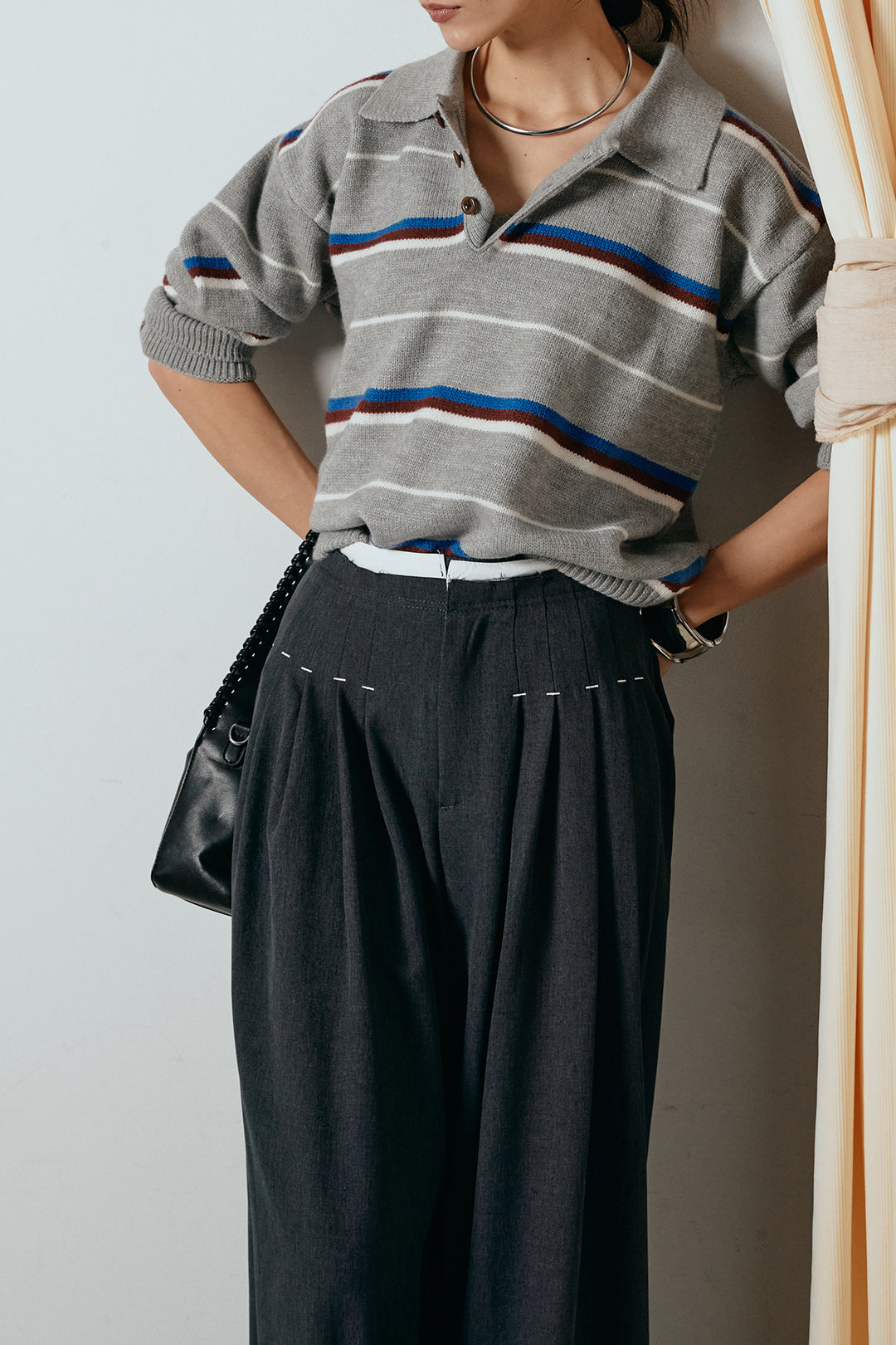 [SET]襟付きマルチボーダーニットポロトップス+ウエストステッチデザインワイドスラックス(2set)
