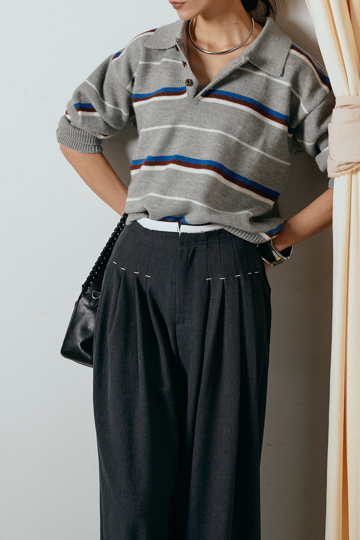 [SET]襟付きマルチボーダーニットポロトップス+ウエストステッチデザインワイドスラックス(2set)