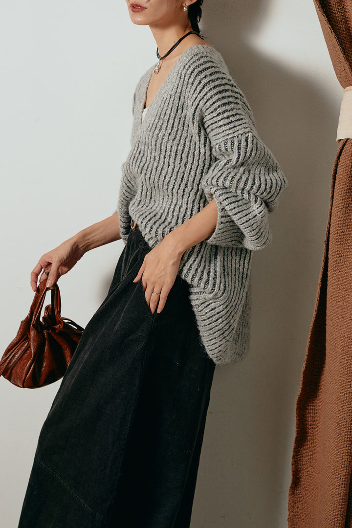 [SET]アルパカタッチ深Vニットトップス+タック入りコーデュロイワイドパンツ(2set)