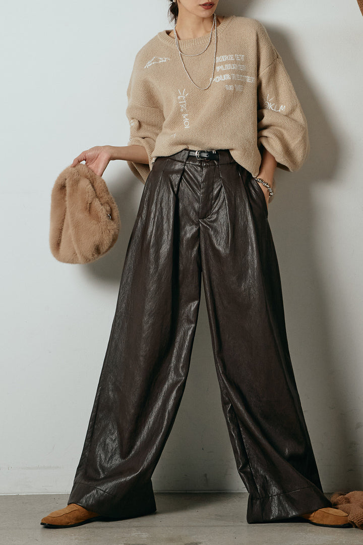 [SET]刺繍ロゴランダムデザインニットトップス+ベルト付きレザーライクタックパンツ(2set)