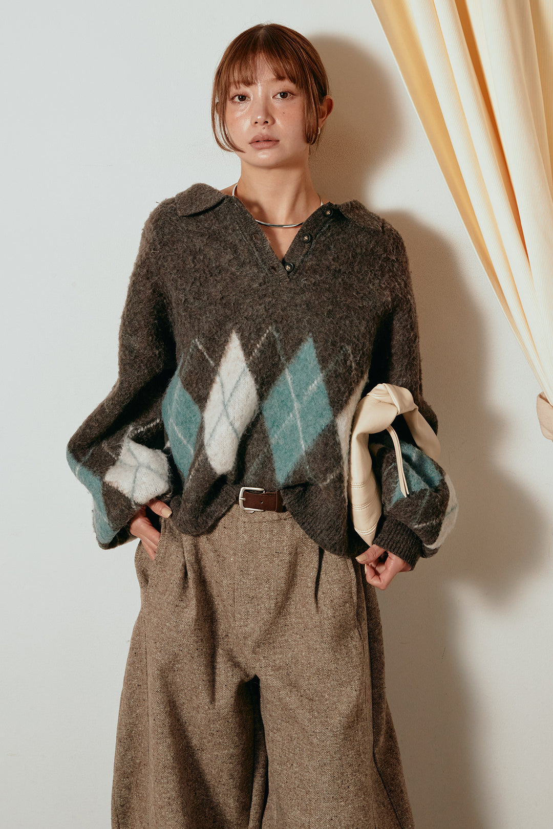 [SET]アーガイル柄ポロニットトップス+ベルト付きネップツイードカーブパンツ(2set)