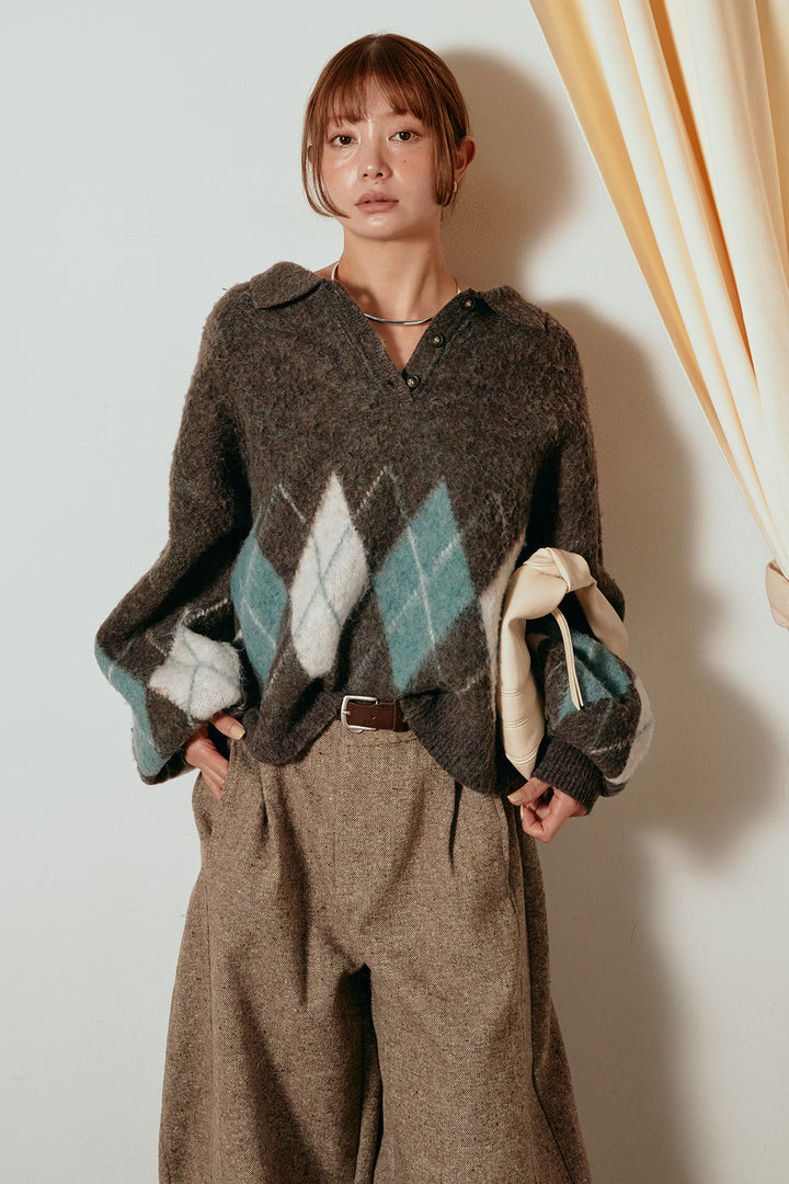 [SET]アーガイル柄ポロニットトップス+ベルト付きネップツイードカーブパンツ(2set)