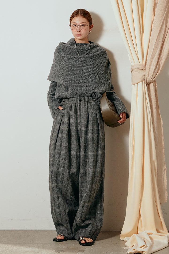 [SET]ケープデザインリブニットトップス+タータンチェック柄タックパンツ(2set)