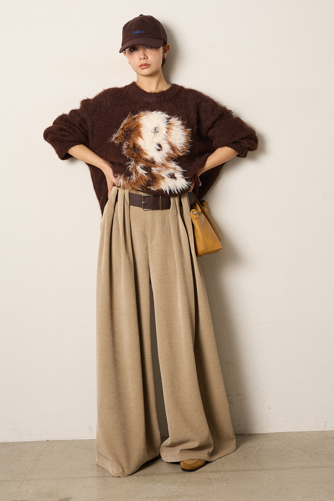 [SET]シャギーニュアンスアニマルニット+ベルトループコーデュロイワイドパンツ(2set)