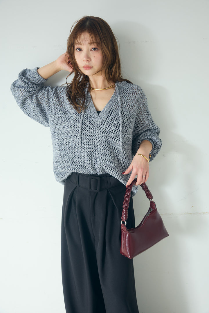 【即納】ミックスメッシュキーネックプルオーバー