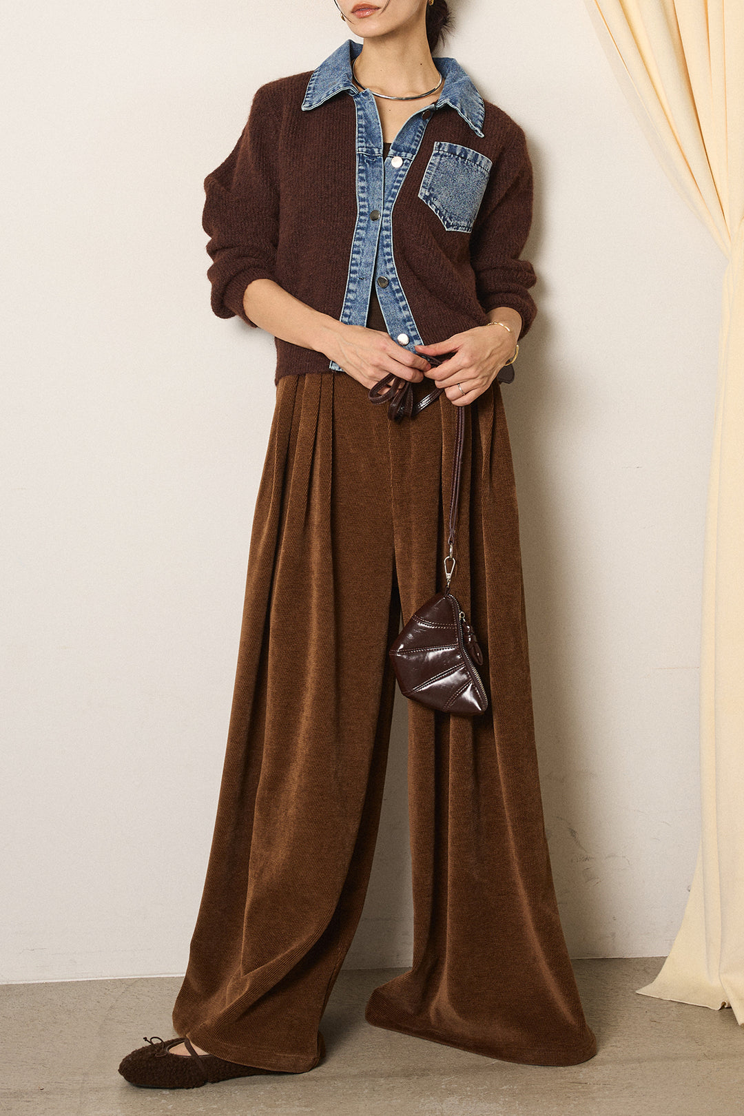 [SET]襟付きデニム切替ニットカーディガン+ベルトループコーデュロイワイドパンツ(2set)