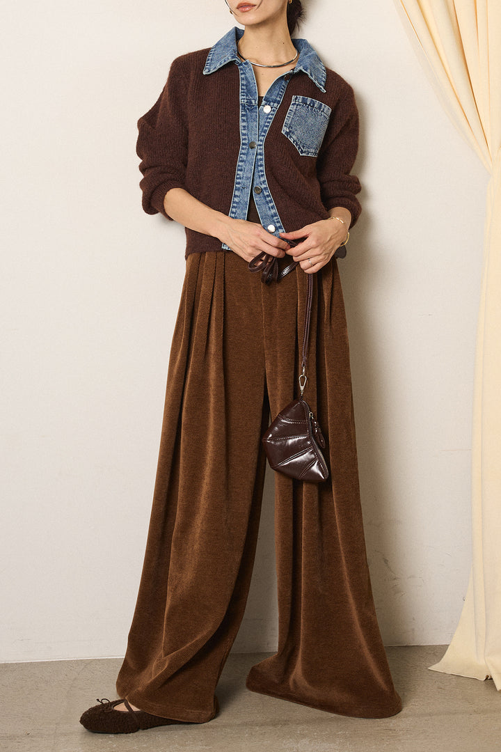 [SET]襟付きデニム切替ニットカーディガン+ベルトループコーデュロイワイドパンツ(2set)