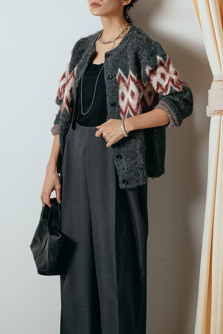 [SET]起毛ノルディック柄ニットカーディガン+ワイドツイルサロペット(2set)