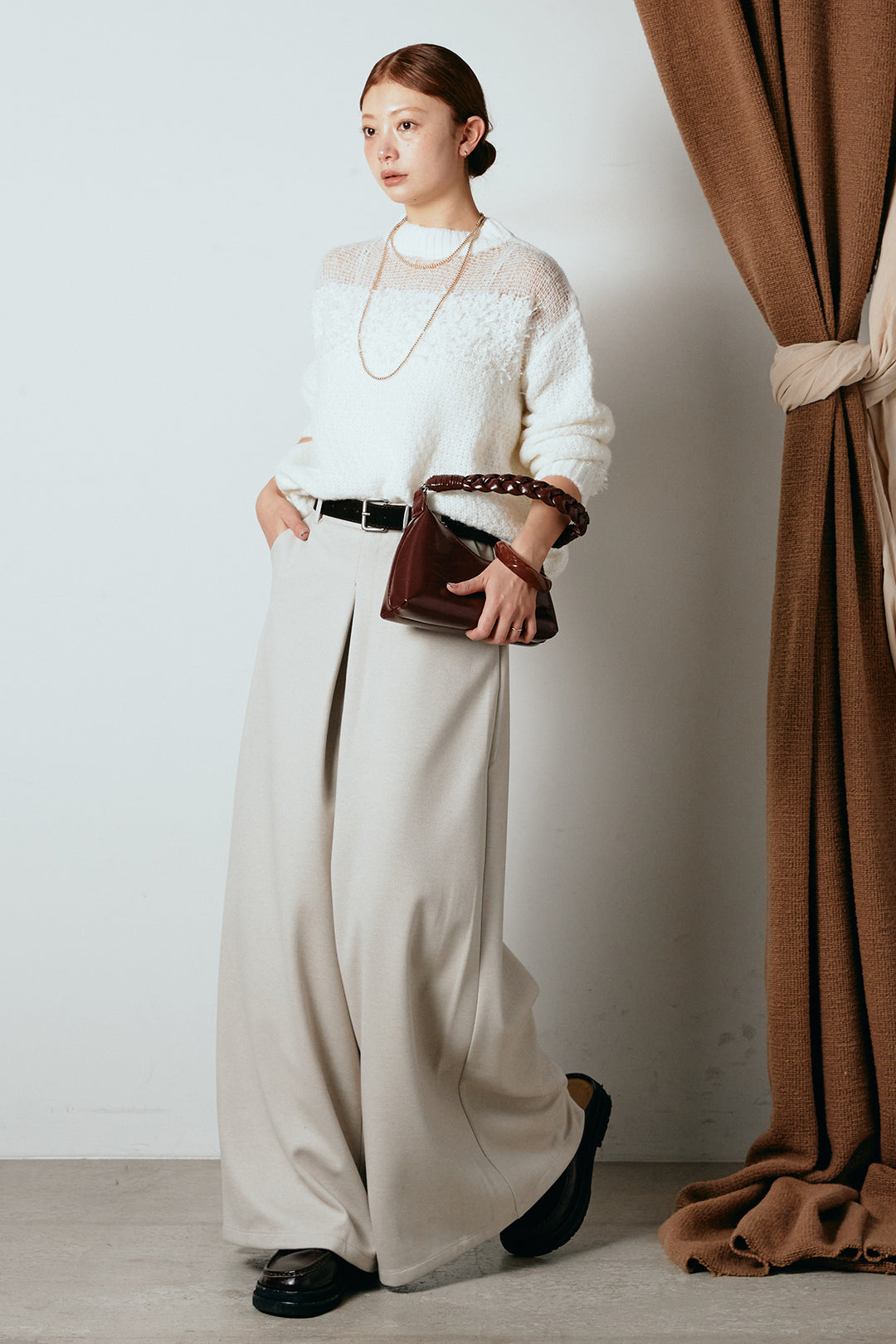 [SET]パターンランダム編みニットトップス+ベルト付きフロントタックデザインパンツ(2set)