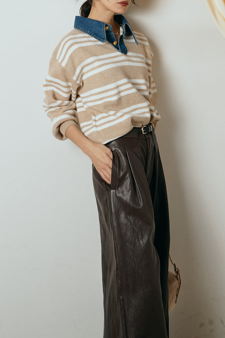 [SET]デニムレイヤード風ランダムボーダーニットプルオーバー+ベルト付きレザーライクタックパンツ(2set)