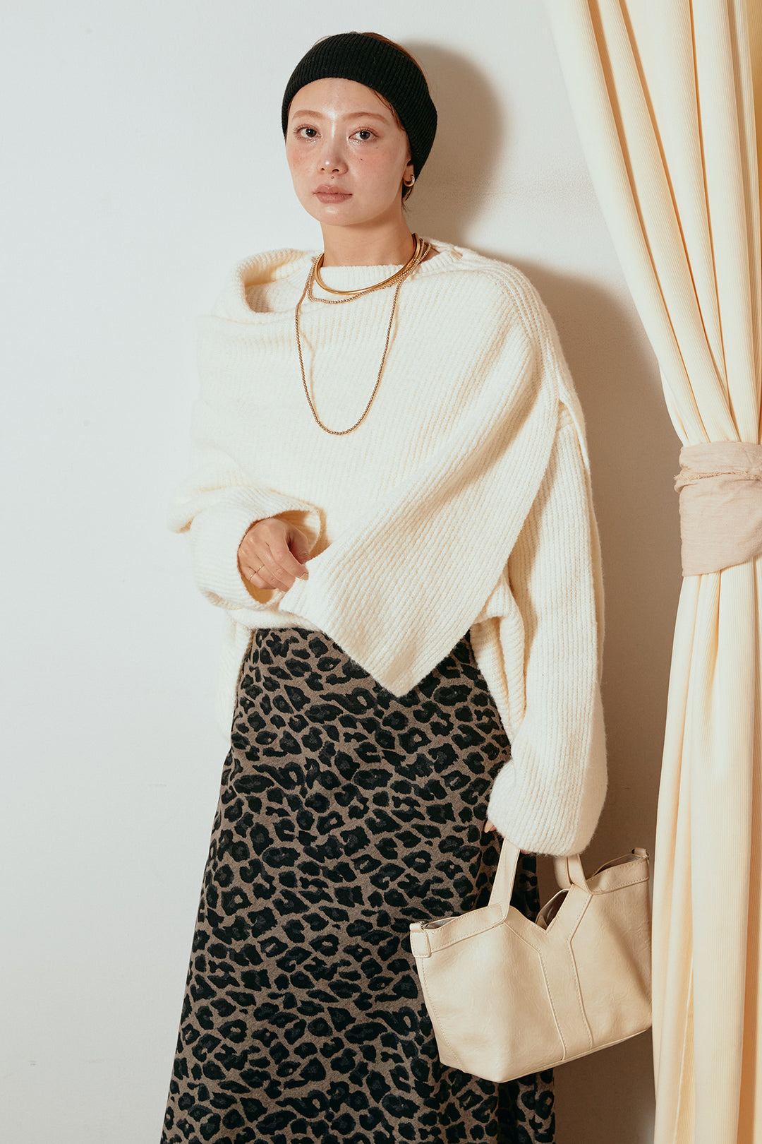 [SET]ケープデザインリブニットトップス+レオパードロングスカート(2set)