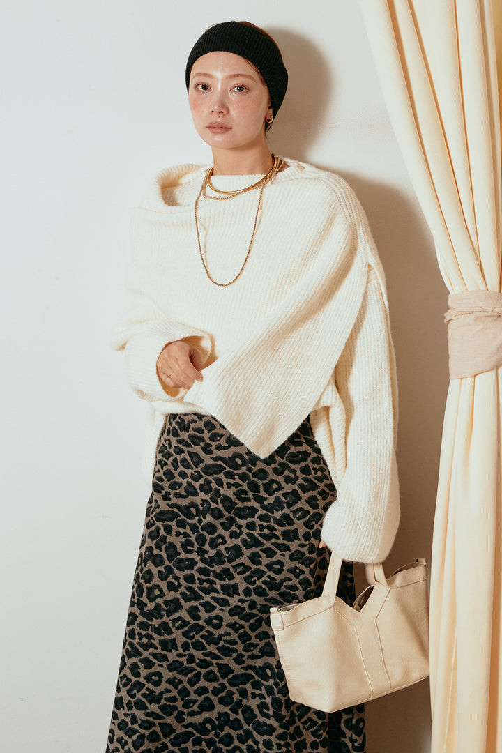 [SET]ケープデザインリブニットトップス+レオパードロングスカート(2set)