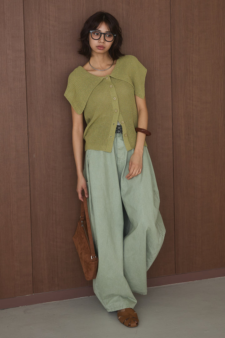 [SET]ビッグカラーボタンニットトップス+ベルト付きカラーデニムパンツ(2set)