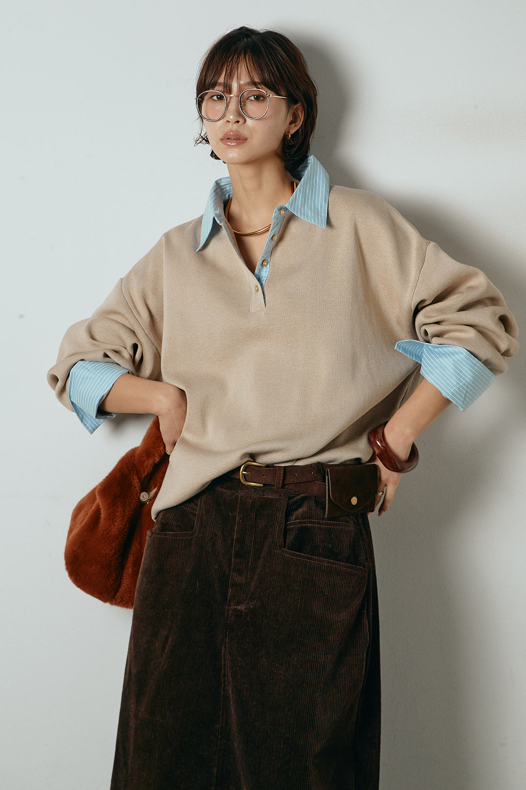 [SET]ストライプシャツドッキングポロトップス+ポーチベルト付きコーデュロイワイドスカート(2set)