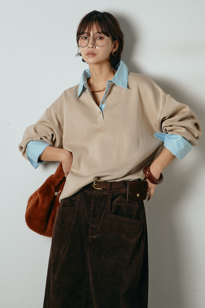 [SET]ストライプシャツドッキングポロトップス+ポーチベルト付きコーデュロイワイドスカート(2set)