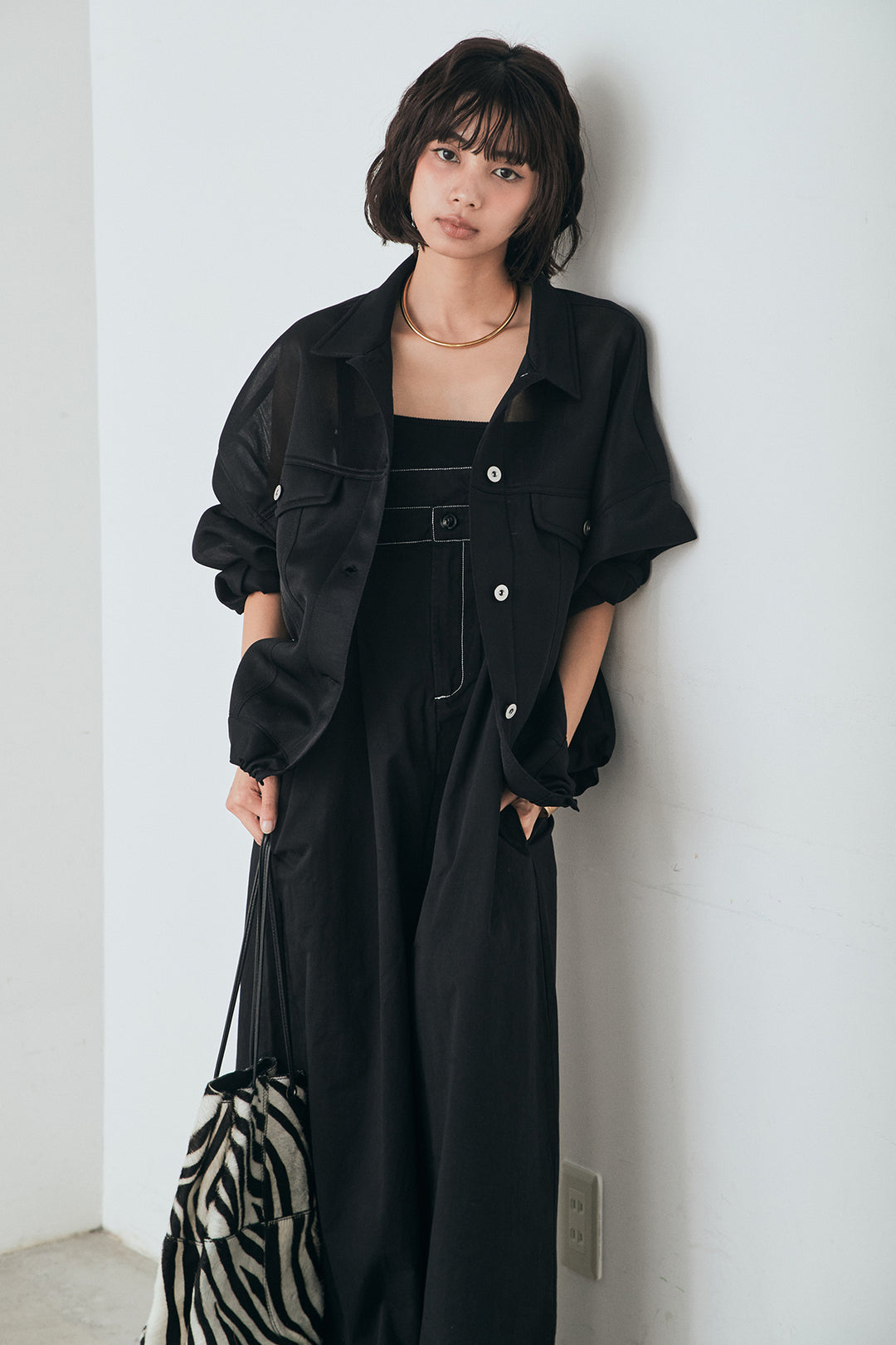 [SET]シアーダンボールサイドドロストジャケット+綿ツイルアシメサロペット(2set)