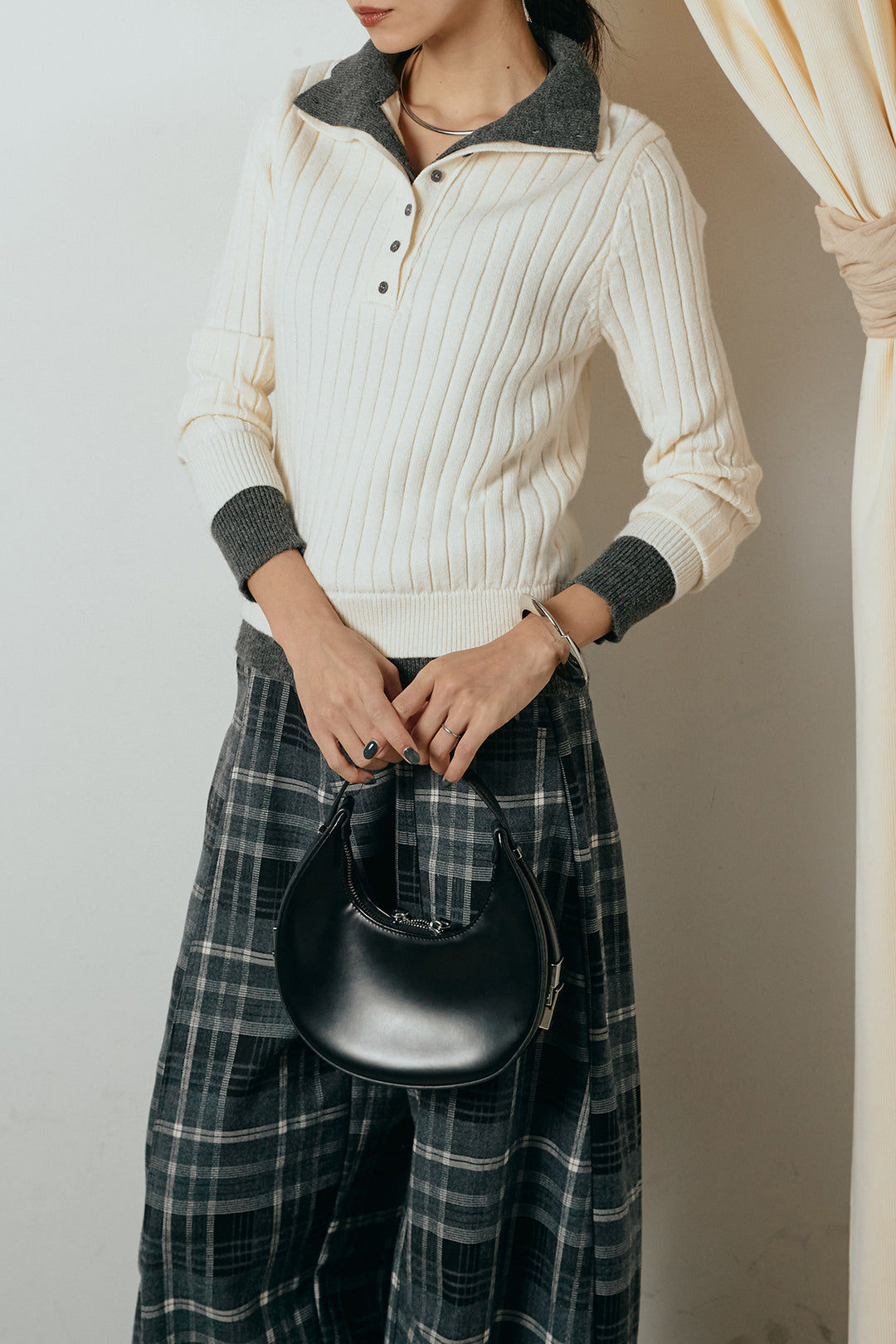 [SET]レイヤード風リブニットトップス+ベルト付きタータンチェックカーブワイドパンツ(2set)