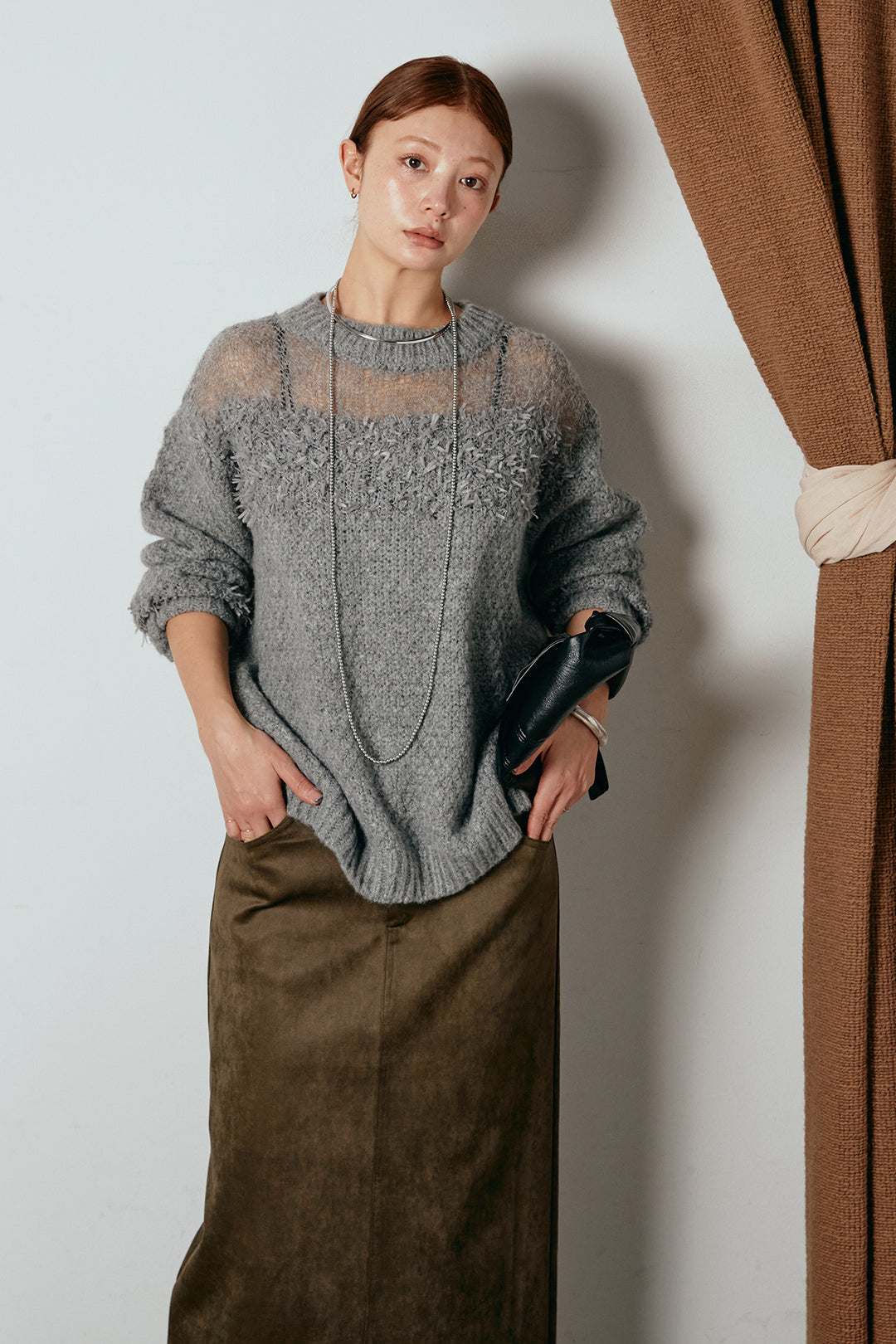 [SET]パターンランダム編みニットトップス+スウェードライク裾フリンジスカート(2set)