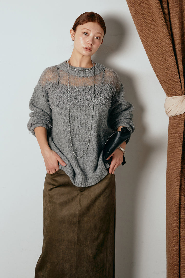 [SET]パターンランダム編みニットトップス+スウェードライク裾フリンジスカート(2set)