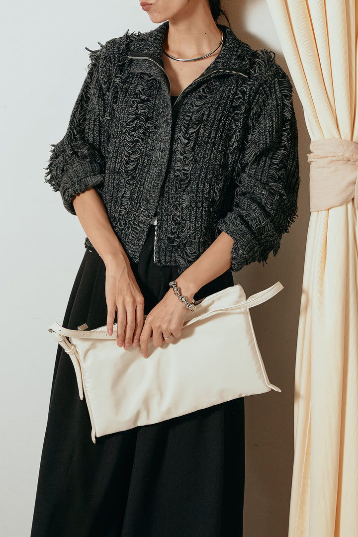 [SET]ハイネックフリンジジップニットトップス+ウエストステッチデザインワイドスラックス(2set)