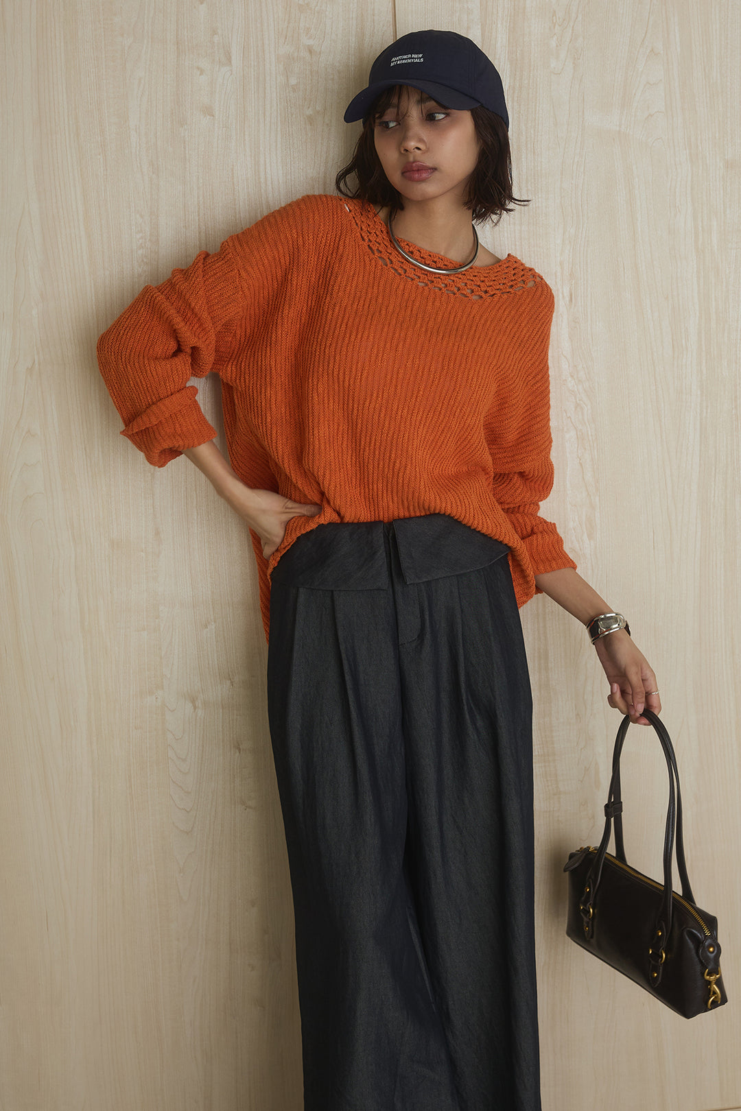 [SET]ネック編みデザインニットトップス+ウエスト折り返しワイドパンツ(2set)