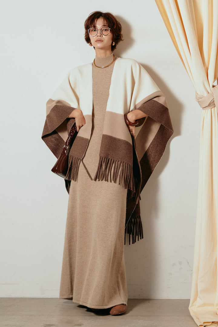 [SET]裾フリンジ柄ポンチョアウター+ノースリーブニットロングワンピース(2set)