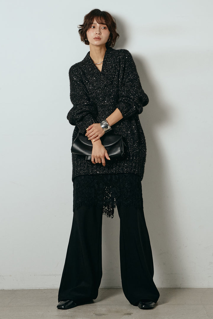 [SET]Vネックラメニットトップス+レース刺繍レイヤードフレアパンツ(2set)