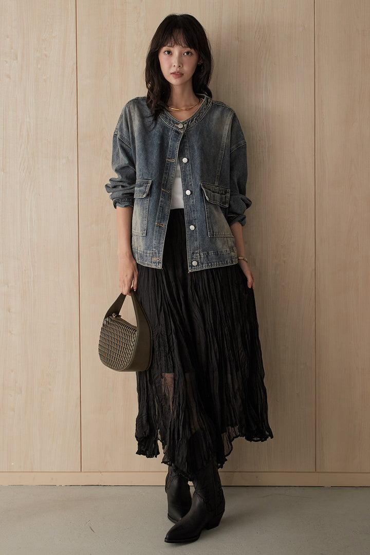 [SET]ノーカラーヴィンテージライクデニムブルゾン+ワッシャーボリュームスカート(2set)