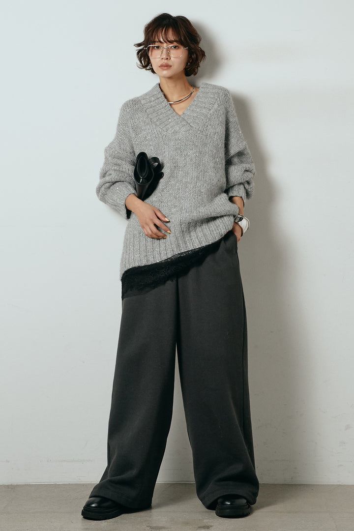 [SET]Vネックラメニットトップス+レース切り替えキャミソール(2set)