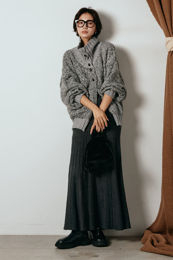 [SET]ハイネックミックスニットカーディガン+編み地切り替えフレアニットスカート(2set)