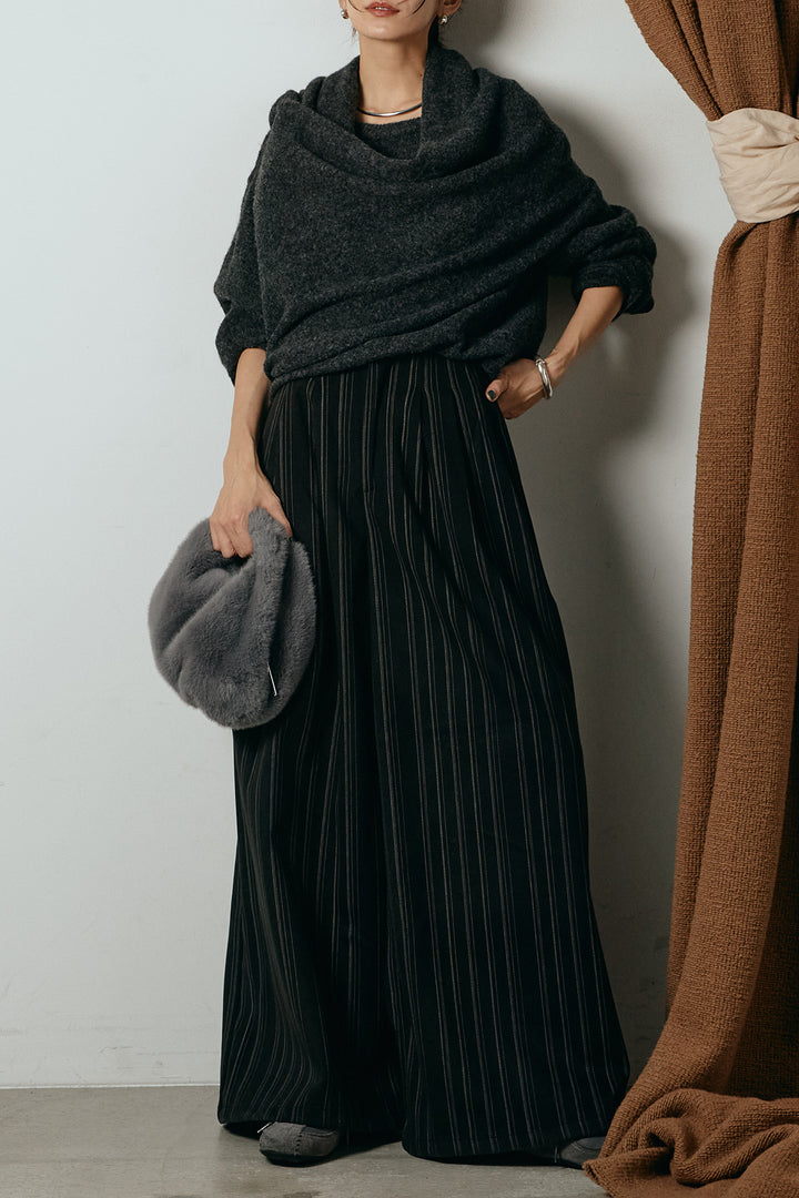 [SET]ネック巻きデザインニットトップス+タック入りマルチストライプ柄ワイドパンツ(2set)