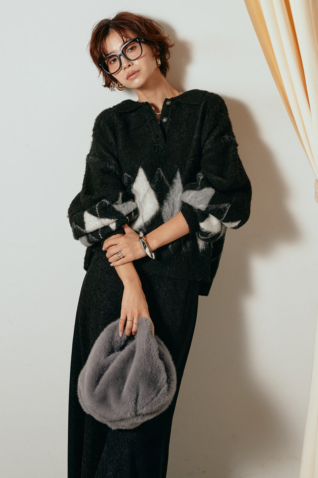 [SET]アーガイル柄ポロニットトップス+スウェードライクロングスカート(2set)