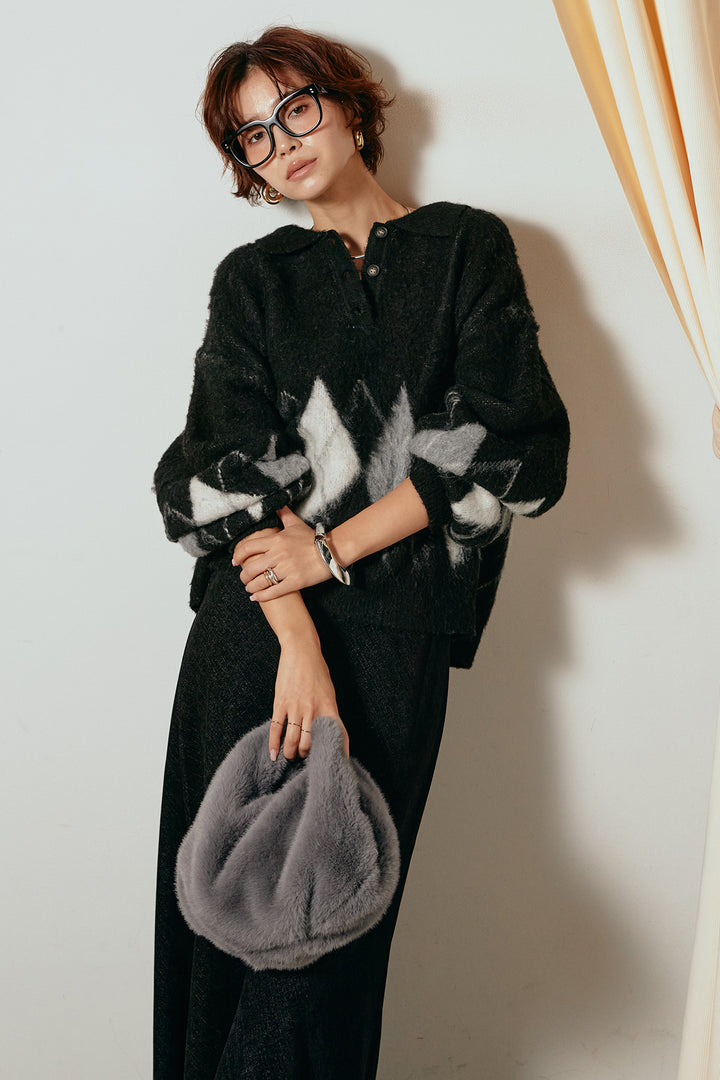 [SET]アーガイル柄ポロニットトップス+スウェードライクロングスカート(2set)