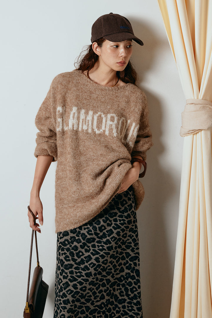 [SET]フロントロゴデザインニットトップス+レオパードロングスカート(2set)