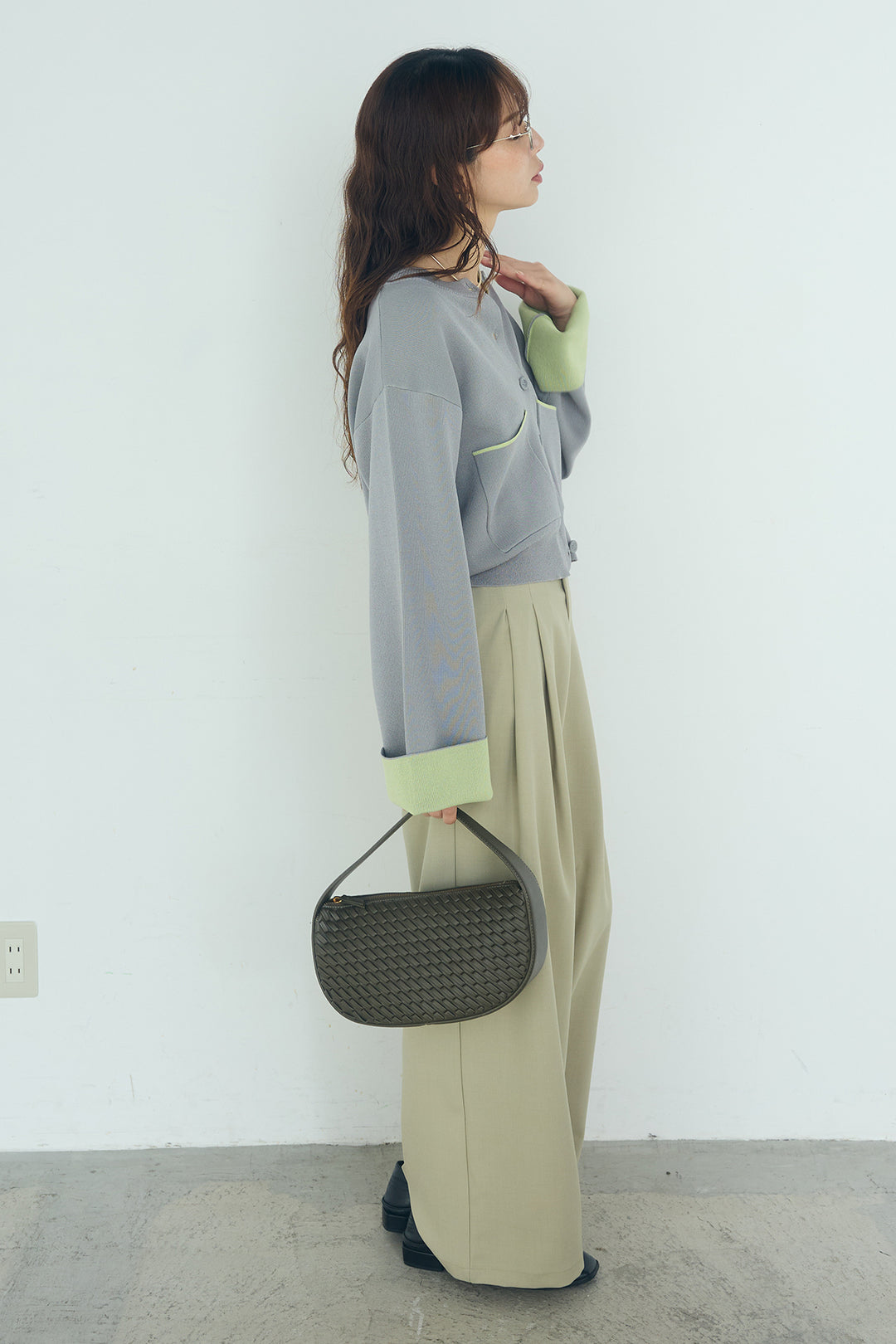 [SET]レーヨンポリダブルフェイスカーディガン+サイドベルトタック入りスラックス(2set)