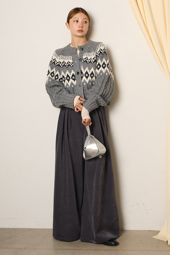 [SET]2WAY求心柄ジャガードショートカーディガン+ベルトループコーデュロイワイドパンツ+2WAY袖コード刺繍クルーネックプルオーバー(3set)
