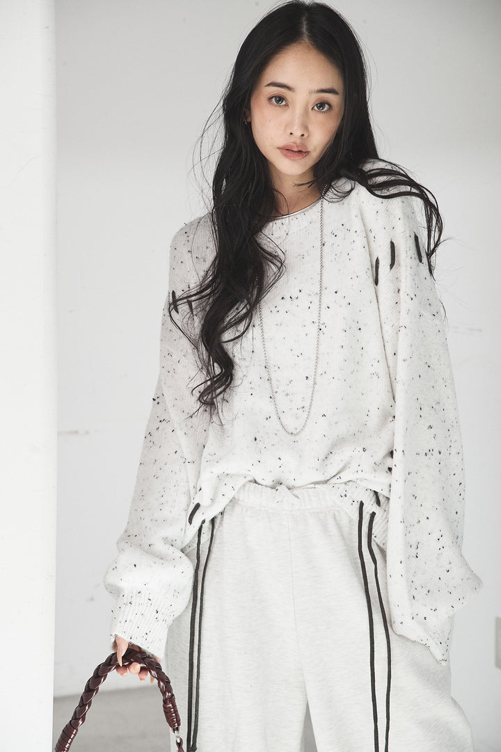 [SET]ネップ編み上げニットトップス+裏起毛スウェットワイドパンツ(2set)