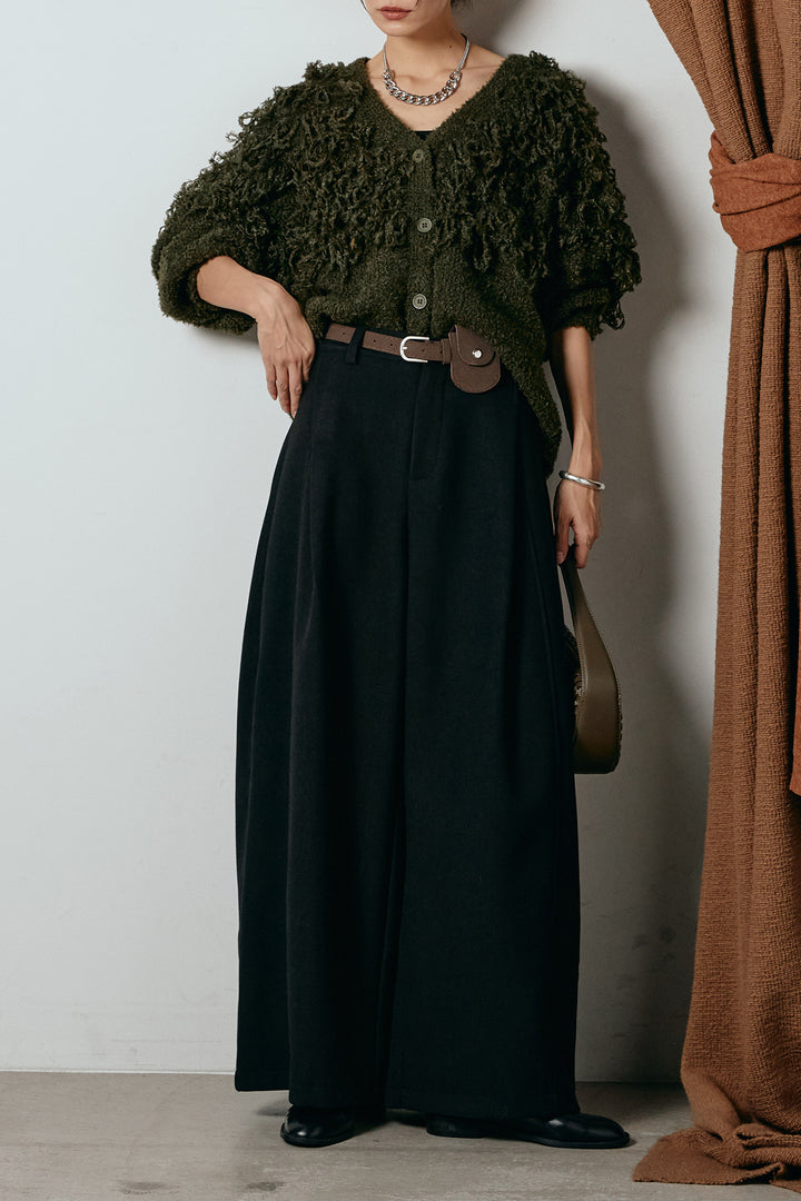 [SET]ループ編みVネックニットカーディガン+ポーチベルト付きカーブパンツ(2set)