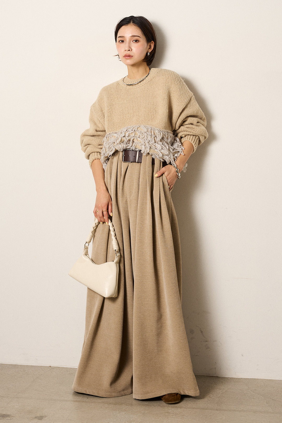 [SET]ループ編み切り替えニットプルオーバー+ベルトループコーデュロイワイドパンツ(2set)